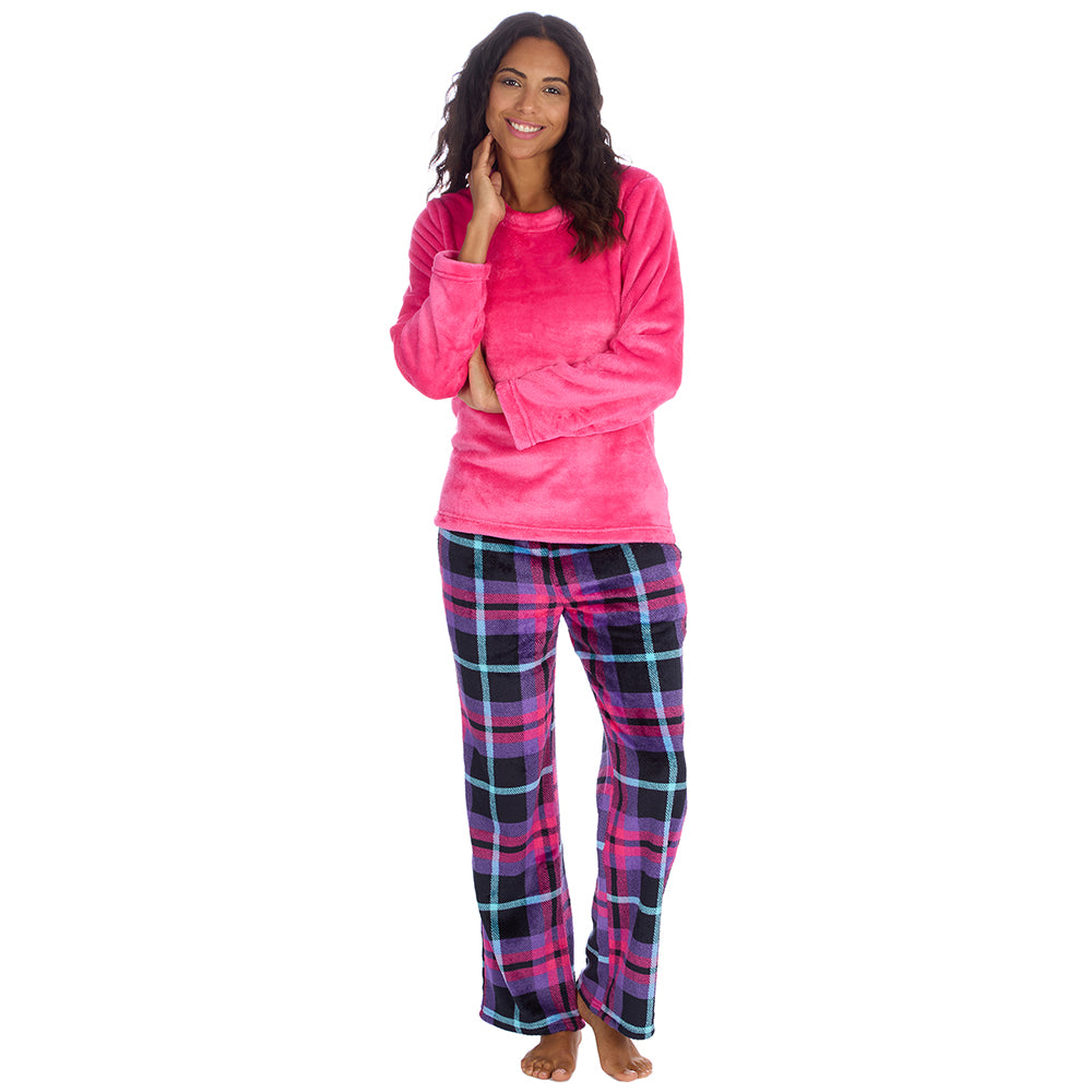 Ladies Fuchsia Check Fleece Pyjama Set