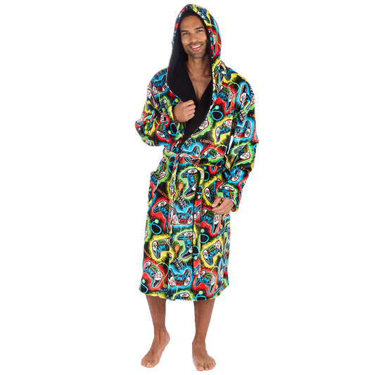 Mens Black Gamer Hooded Dressing Gown
