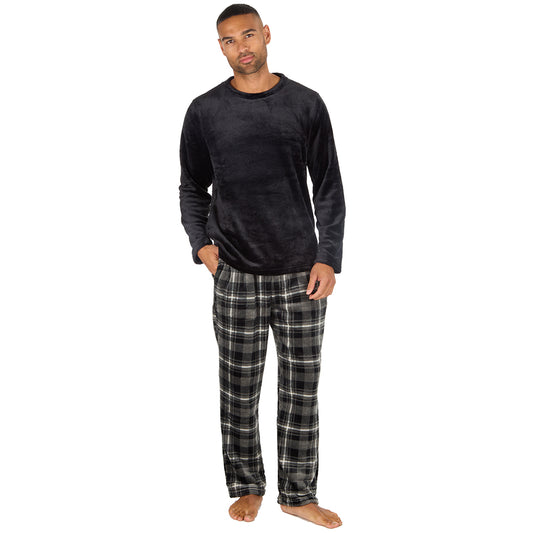 Mens Black Check Fleece Pyjama Set
