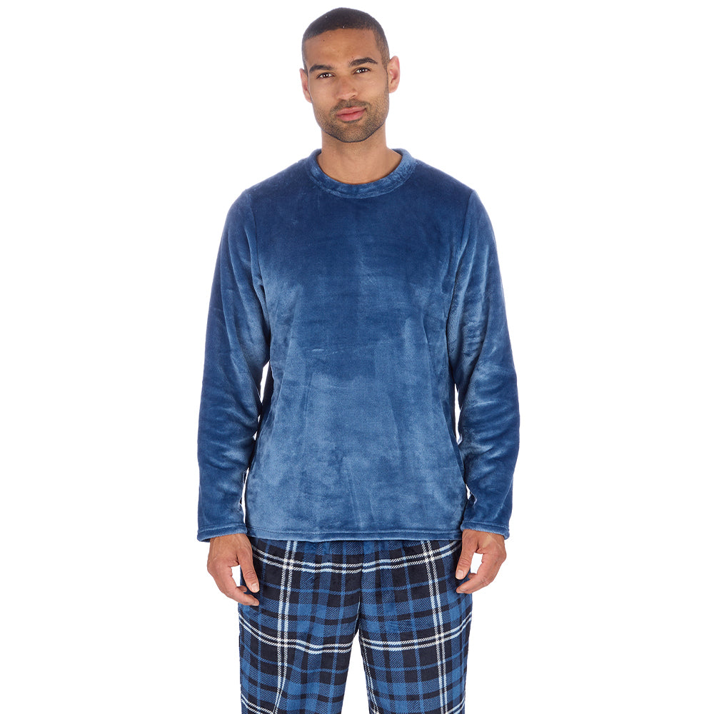 Mens Blue Check Fleece Pyjama Set