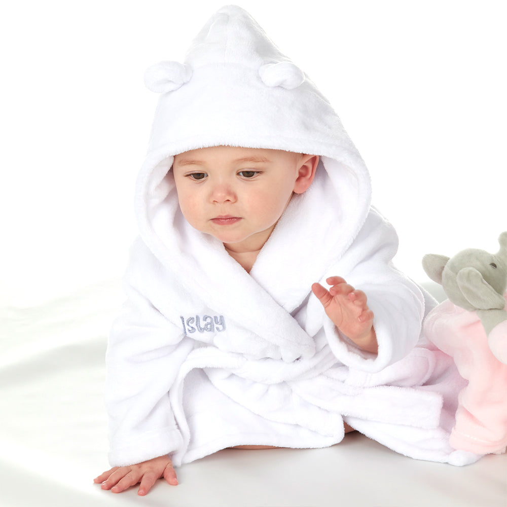 Personalised Baby White Bear Ears Dressing Gown
