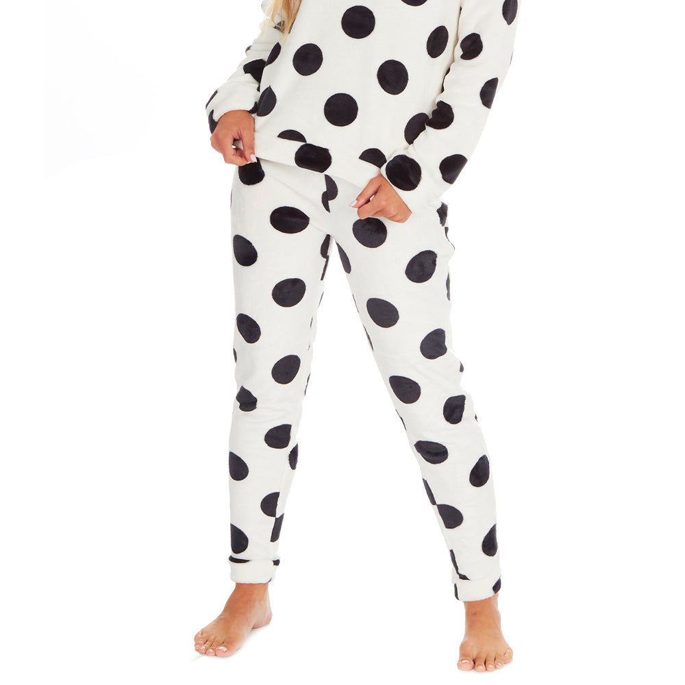 Ladies White Polka Dot Fleece Pyjama Set