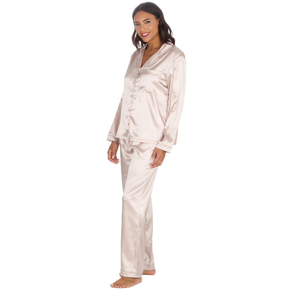 Ladies Gold Silky Satin Long Pyjama Set