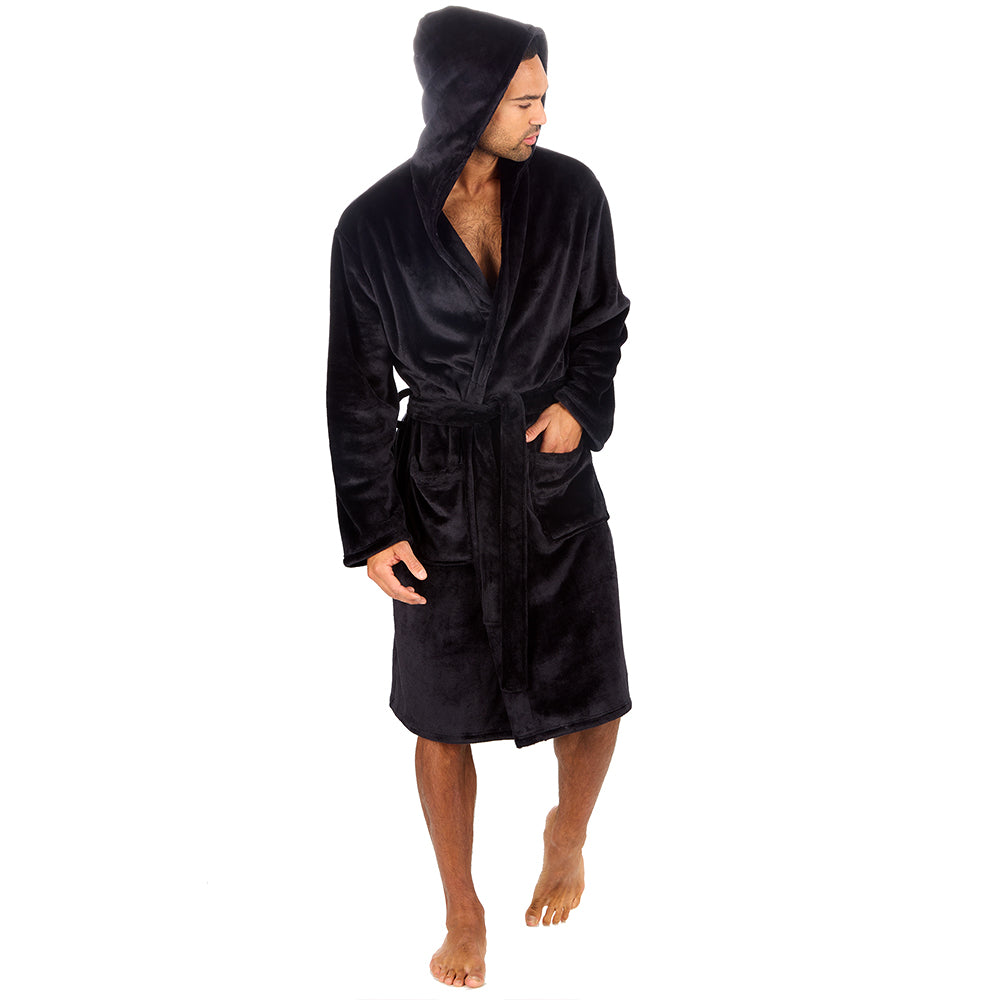 Mens Plain Hooded Black Dressing Gown