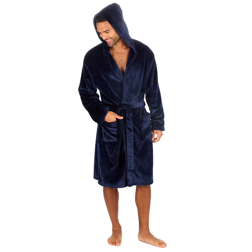 Mens Plain Hooded Navy Dressing Gown