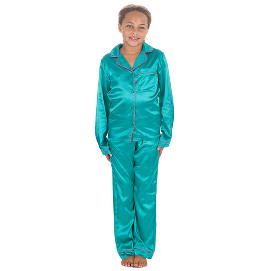 Girls Teal Silky Satin Long Pyjama Set