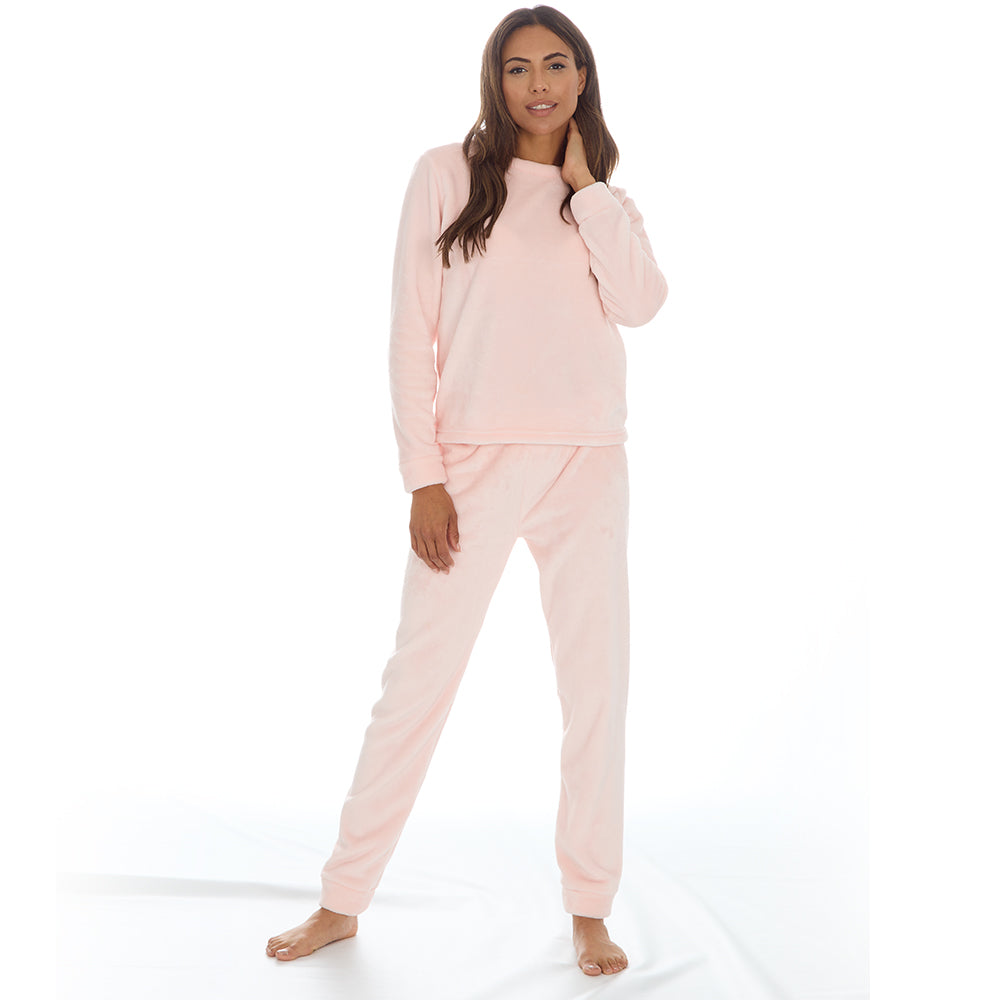Ladies Pink Plain Fleece Pyjama Set