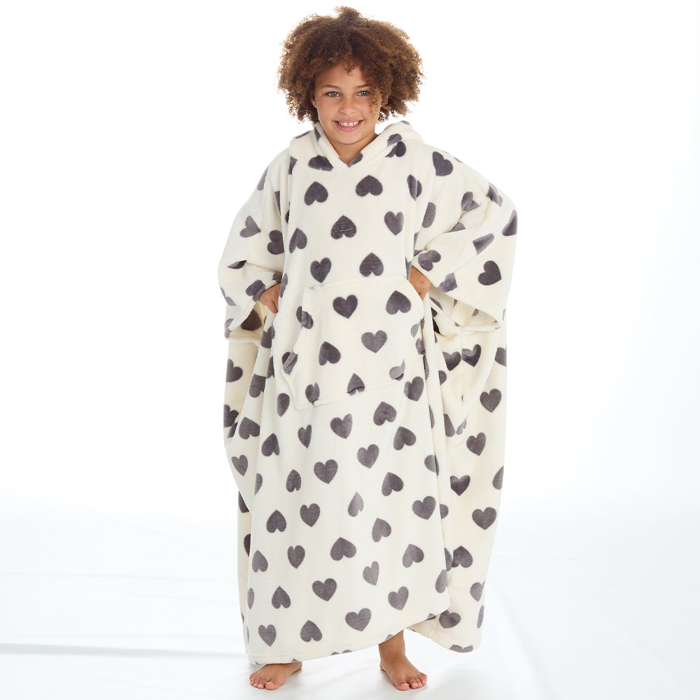 Girls Hearts Cream Poncho Hooded Blanket