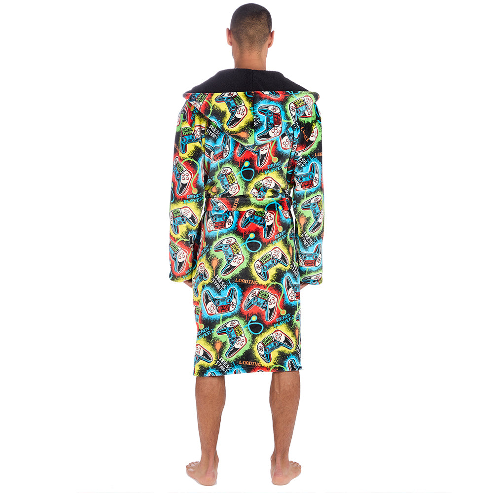Mens Black Gamer Hooded Dressing Gown