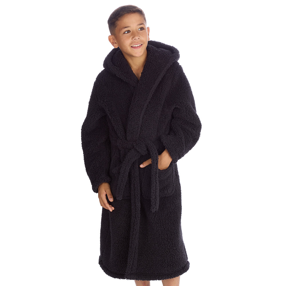Boys Black Teddy Fleece Dressing Gown