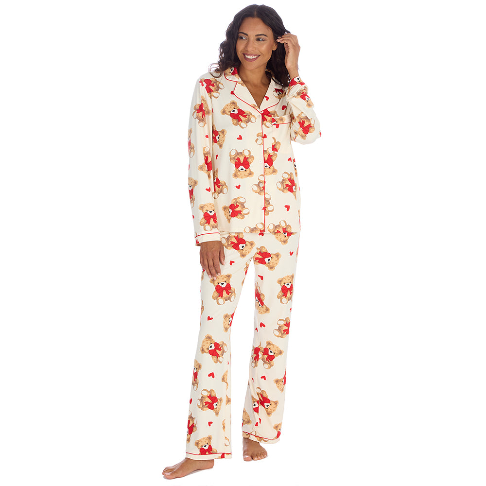 Ladies Teddy Print Traditional Pyjama Set