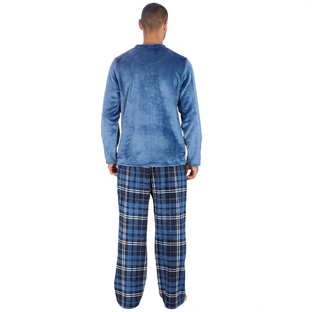 Mens Blue Check Fleece Pyjama Set