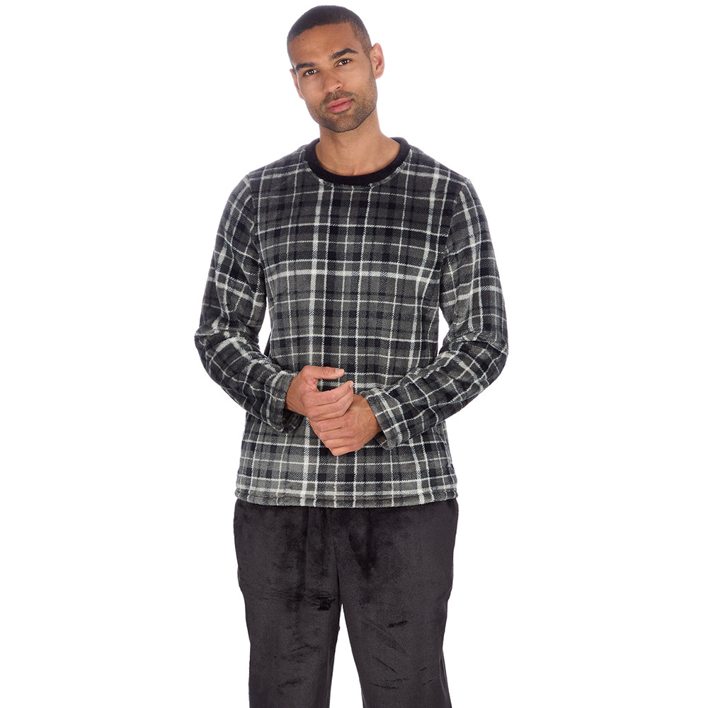 Mens Checked Black Fleece Pyjama Set