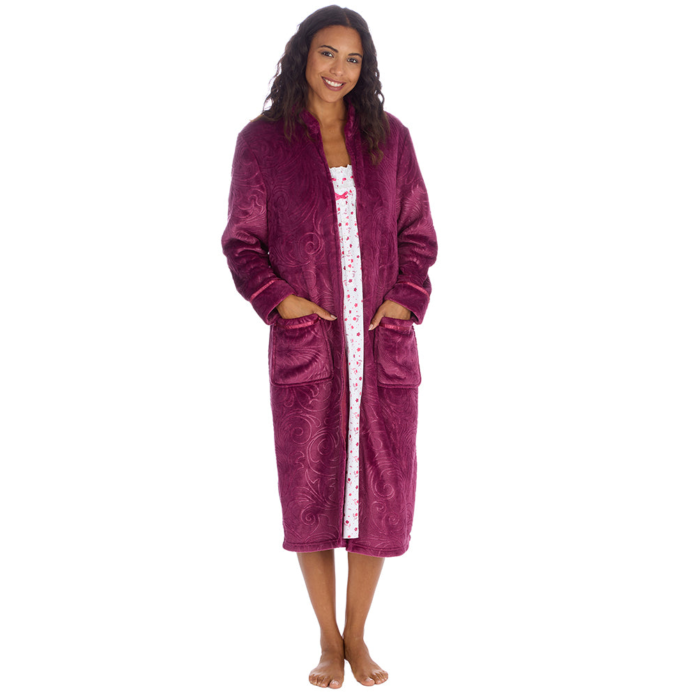 Ladies Full Zip Floral Embossed Burgundy Dressing Gown