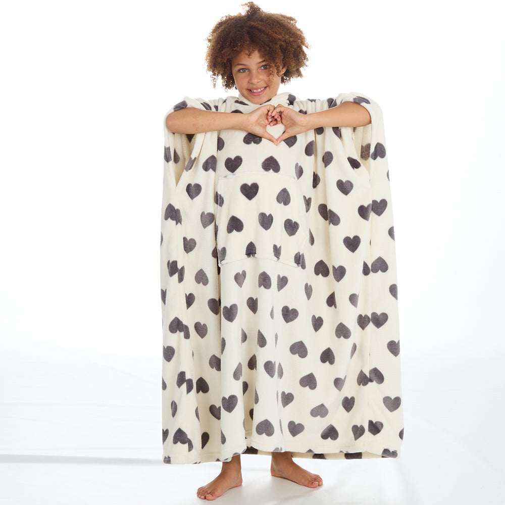 Girls Hearts Cream Poncho Hooded Blanket