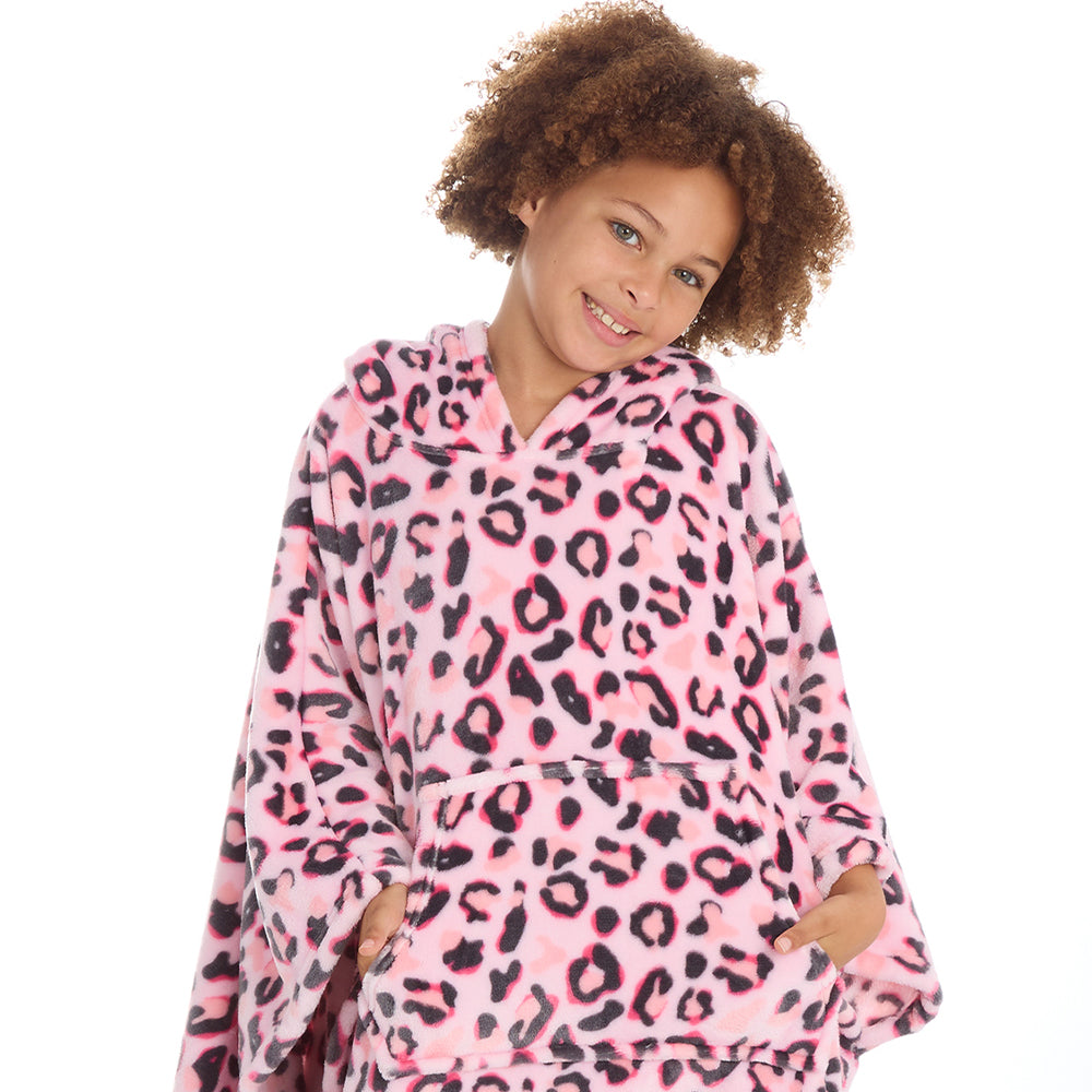 Girls Leopard Pink Poncho Hooded Blanket