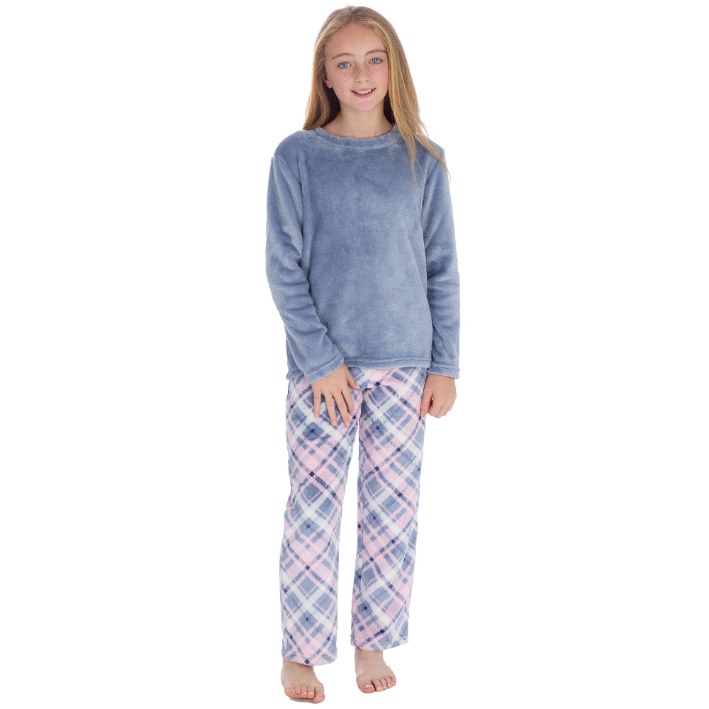 Girls Blue Check Fleece Pyjama Set