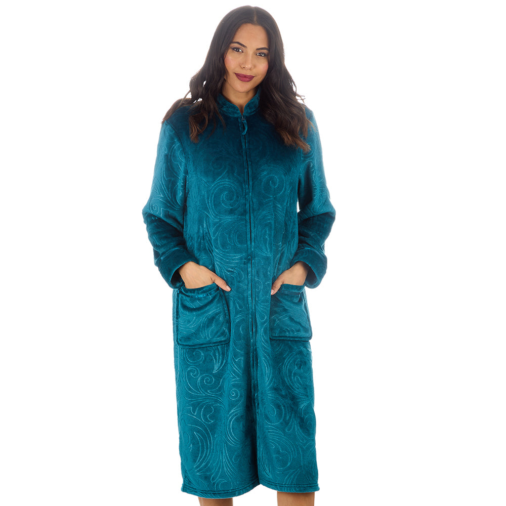 Ladies Full Zip Floral Embossed Teal Dressing Gown