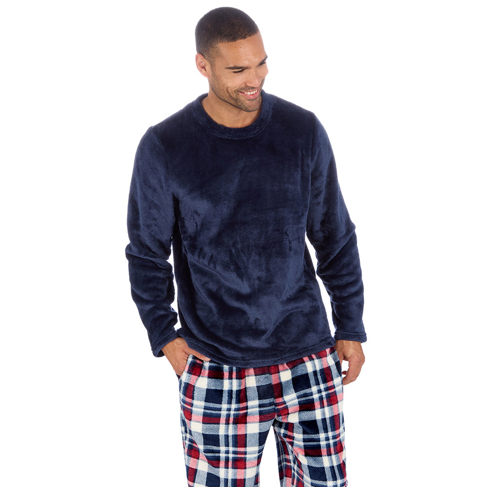 Mens Navy Check Fleece Pyjama Set