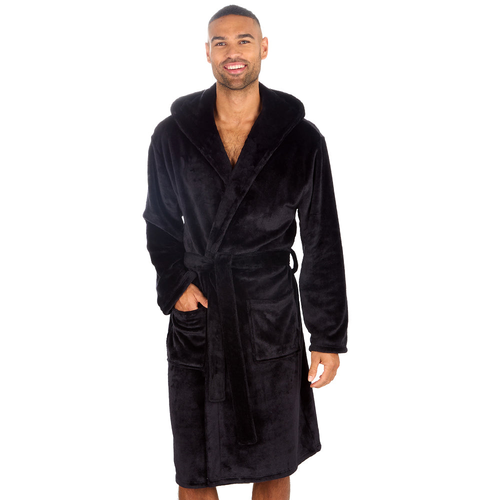 Mens Plain Hooded Black Dressing Gown