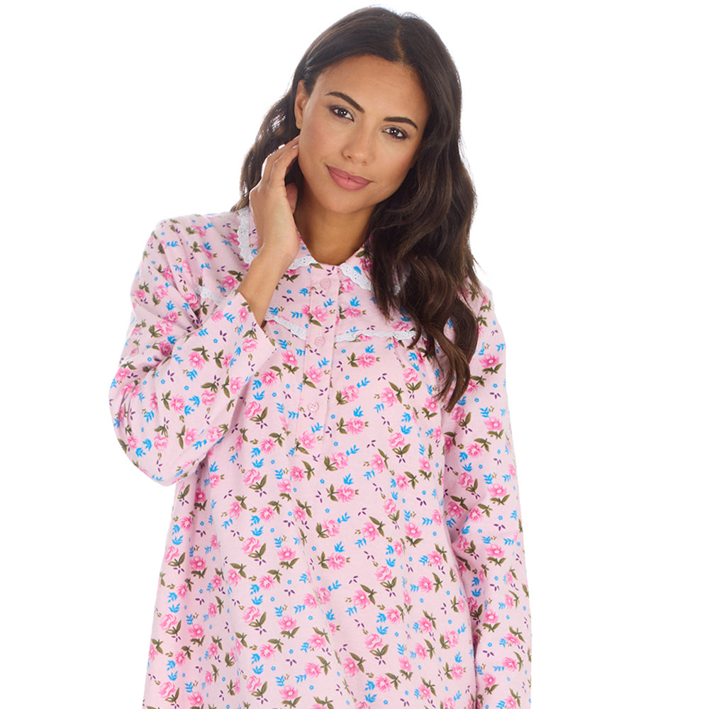 Ladies Pink Winceyette Long Sleeve Nightdress