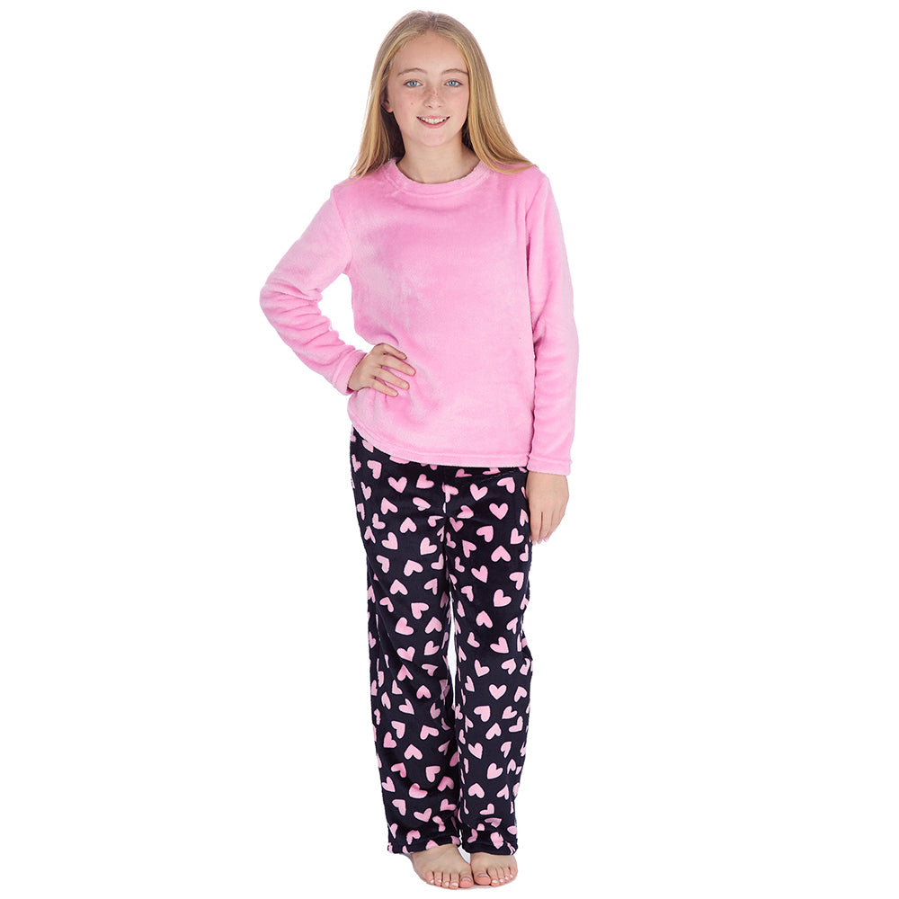 Girls Pink Hearts Fleece Pyjama Set