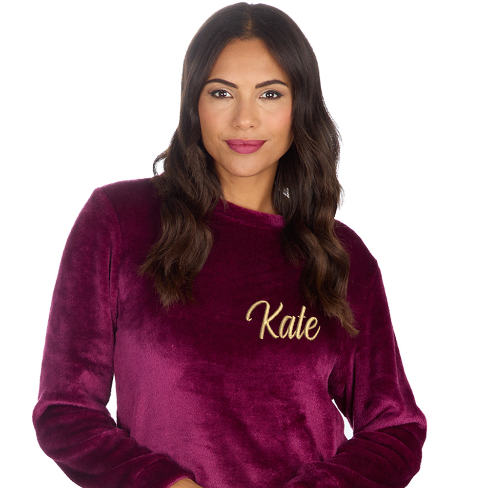Personalised Ladies Burgundy Fleece Pyjama Set