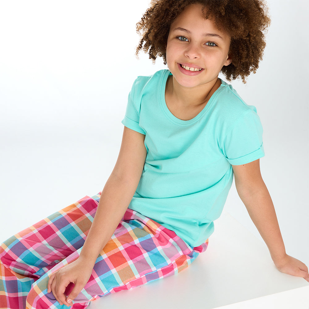 Girls Mint Check Long Pants Pyjama Set