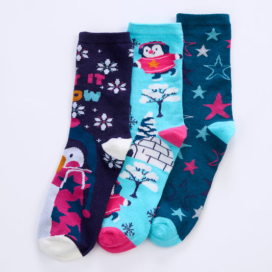 Ladies 3 Pairs Christmas Penguin Cotton Socks