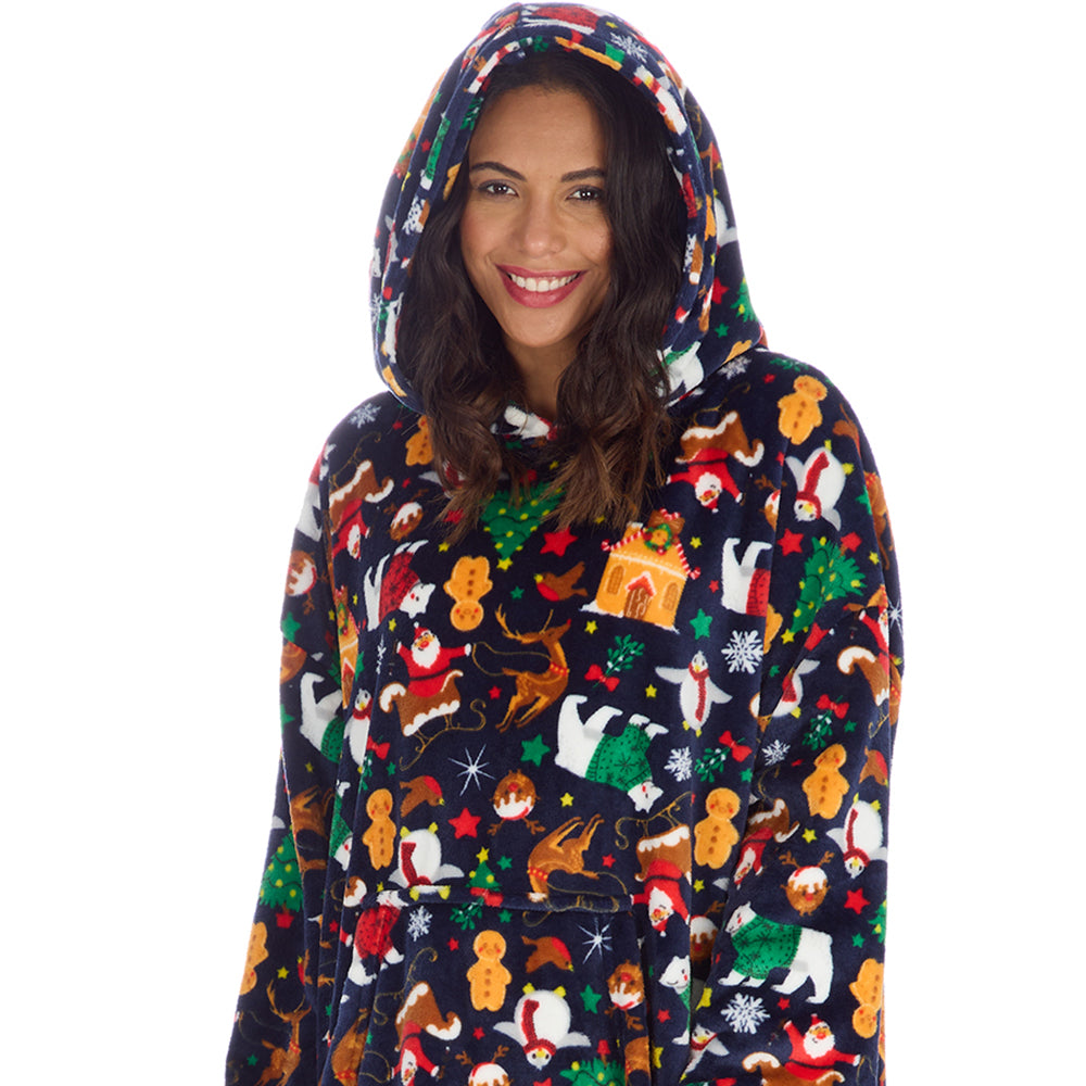 Ladies Navy Christmas Fleece Blanket Hoodie