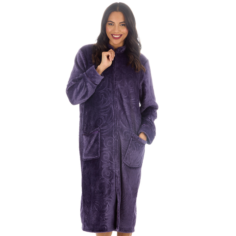Ladies Full Zip Floral Embossed Purple Dressing Gown