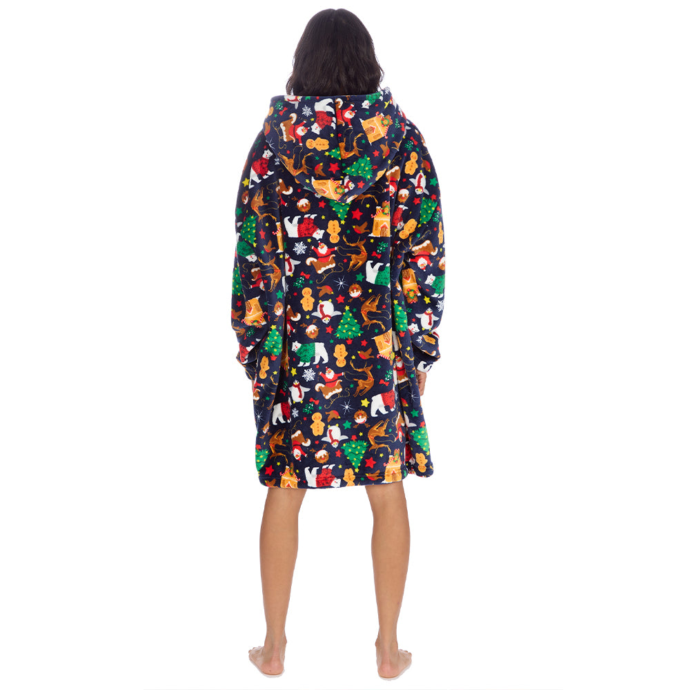 Ladies Navy Christmas Fleece Blanket Hoodie