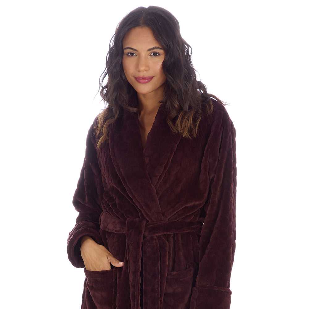 Ladies Chocolate Textured Shawl Collar Dressing Gown