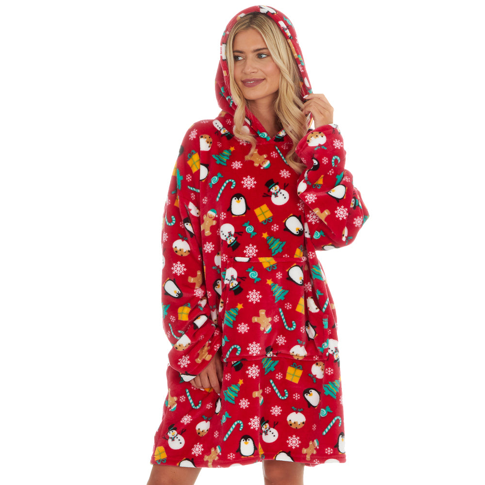 Ladies Red Christmas Print Blanket Hoodie