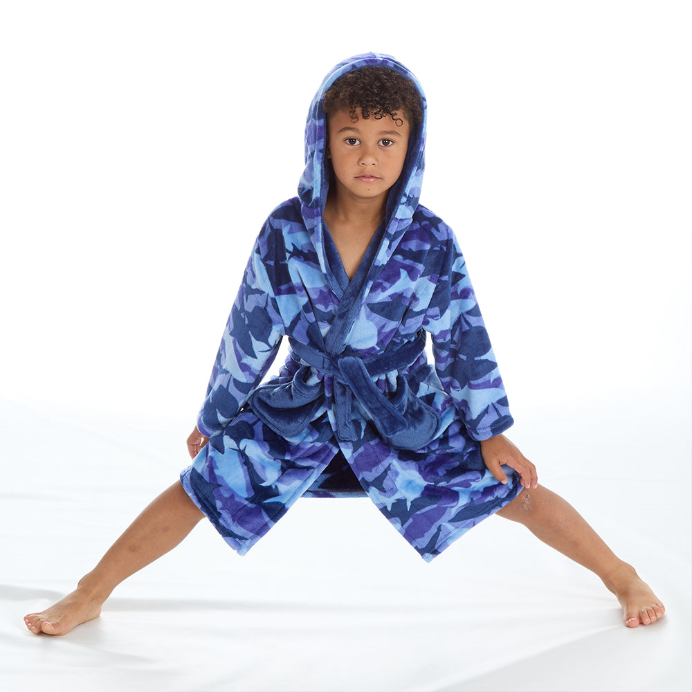 Kids Boys Camo Shark Dressing Gown