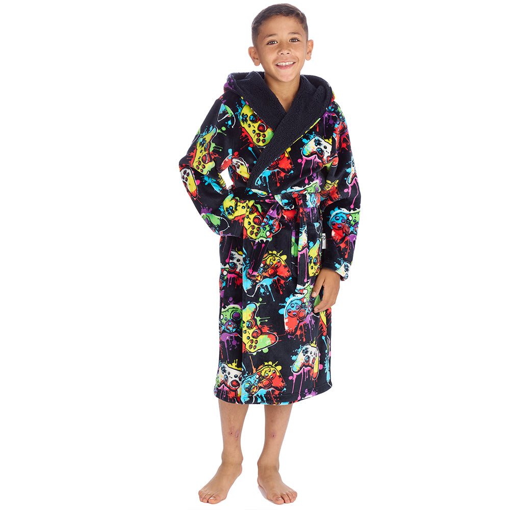 Boys Navy Gamer Hooded Dressing Gown 
