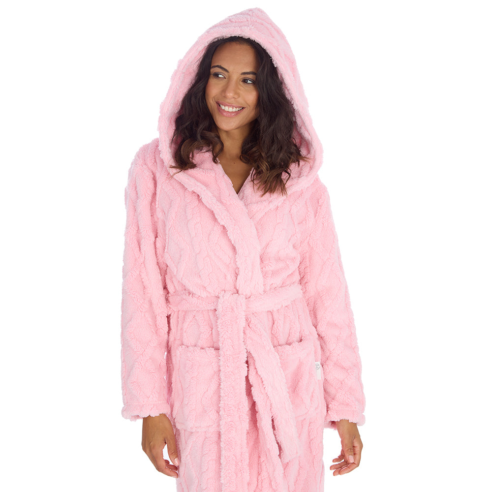 Ladies Candy Pink Jacquard Hooded Dressing Gown