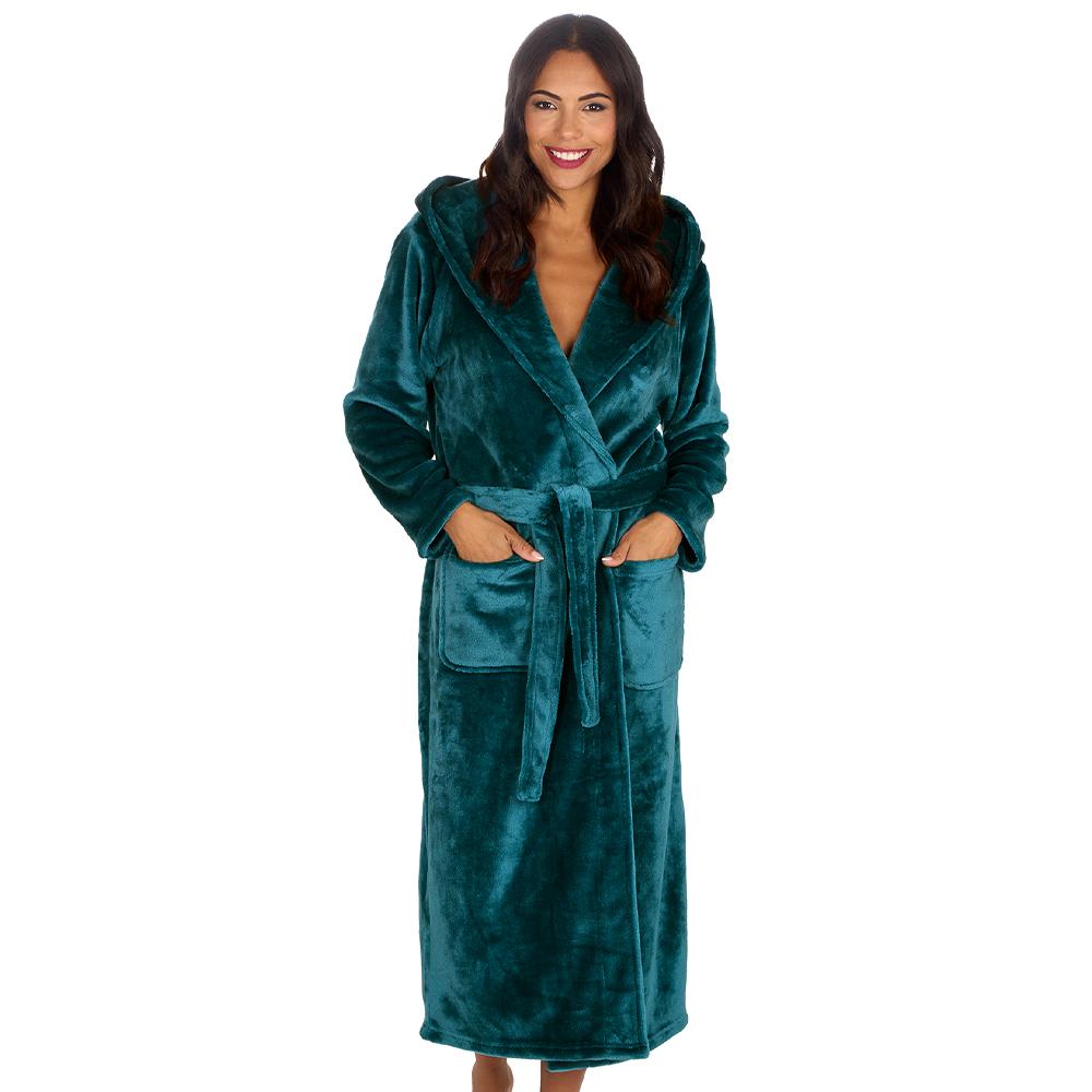 Ladies Teal Long Hooded Dressing Gown
