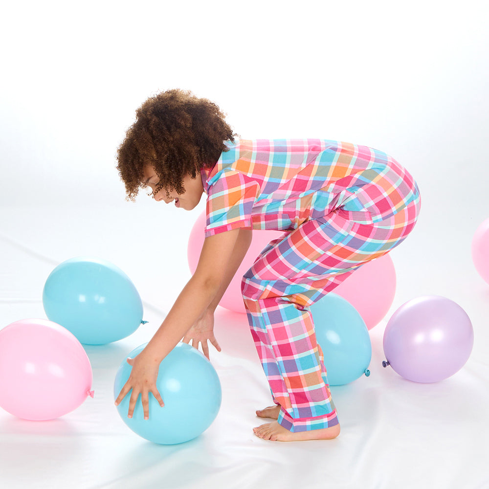 Girls Pink Check Woven Pyjama Set