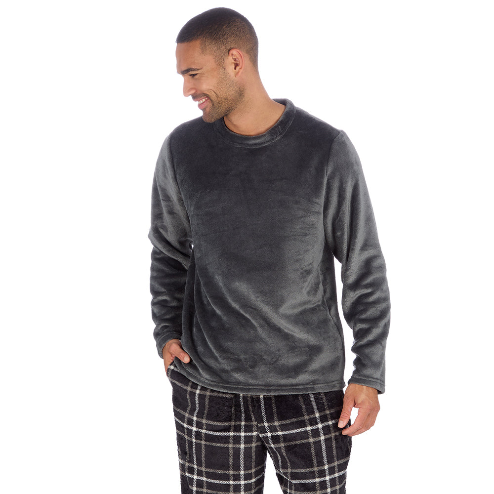 Mens Charcoal Check Fleece Pyjama Set