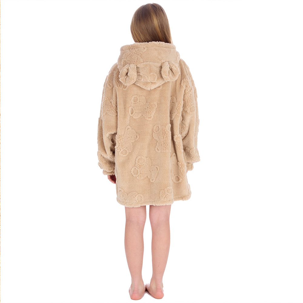 Girls Beige Teddy Bear Textured Blanket Hoodie