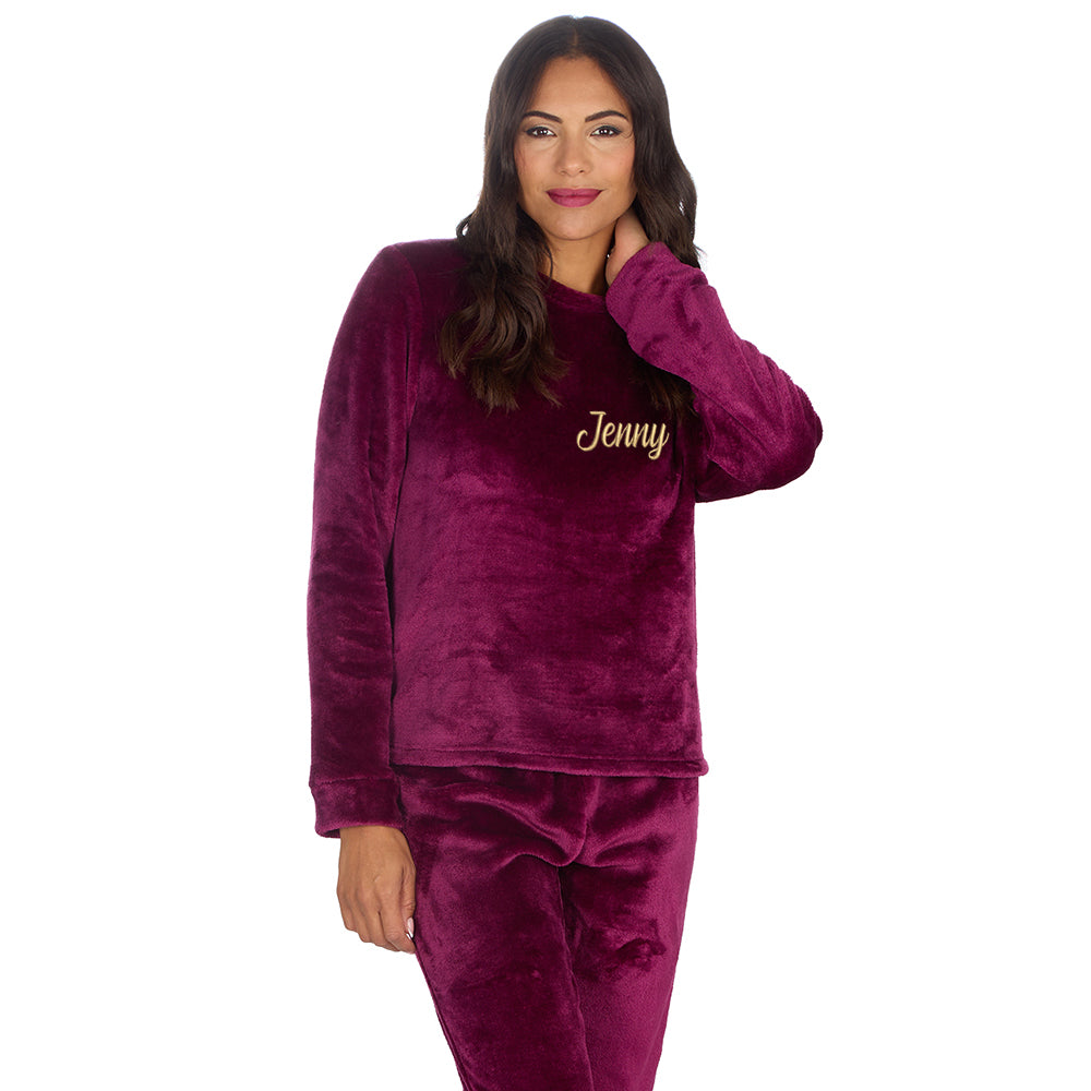 Personalised Ladies Burgundy Fleece Pyjama Set