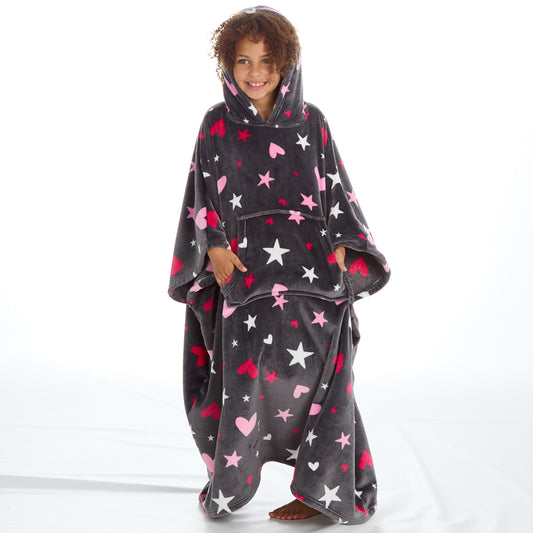 Girls Hearts Grey Poncho Hooded Blanket