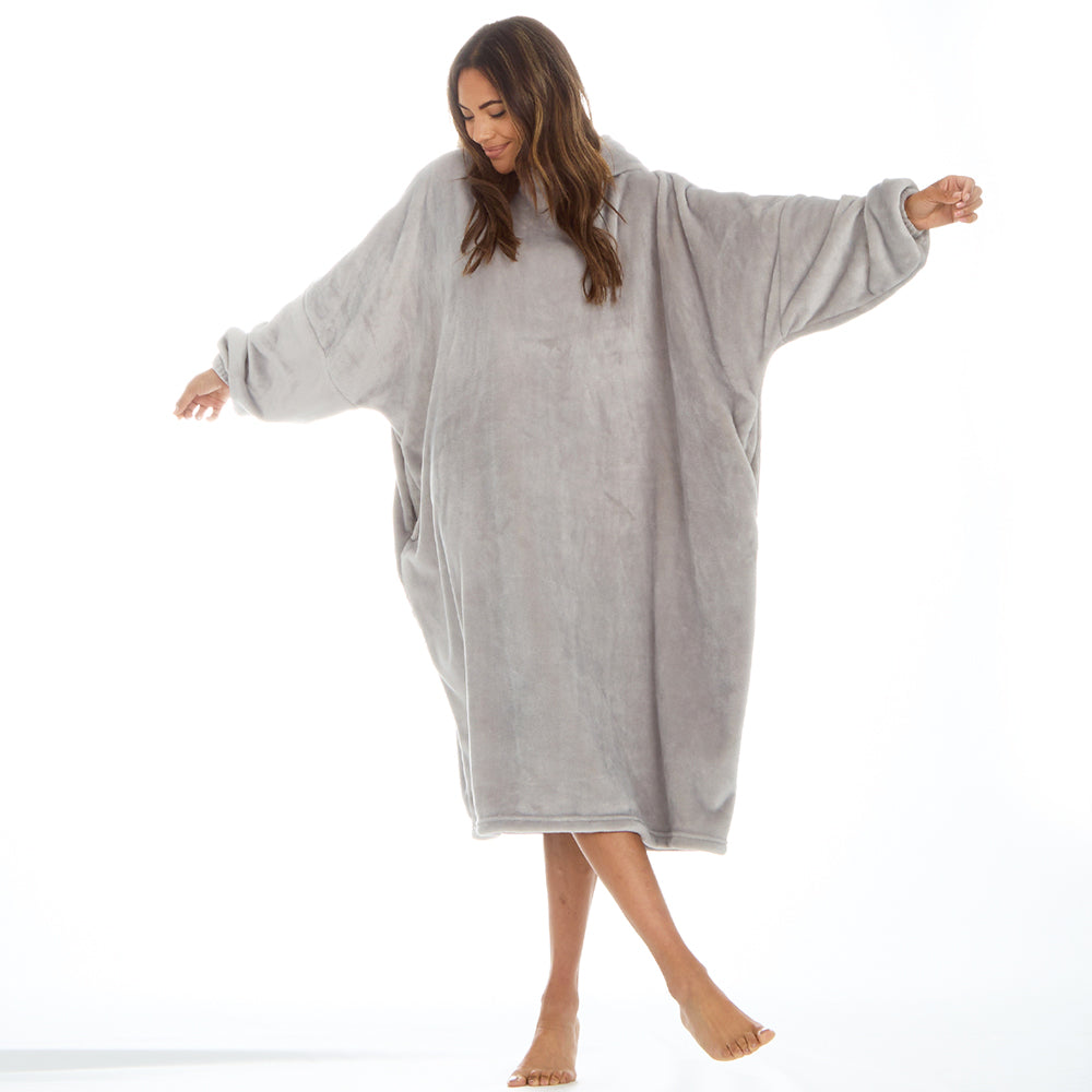 Ladies Grey Longline Hooded Blanket