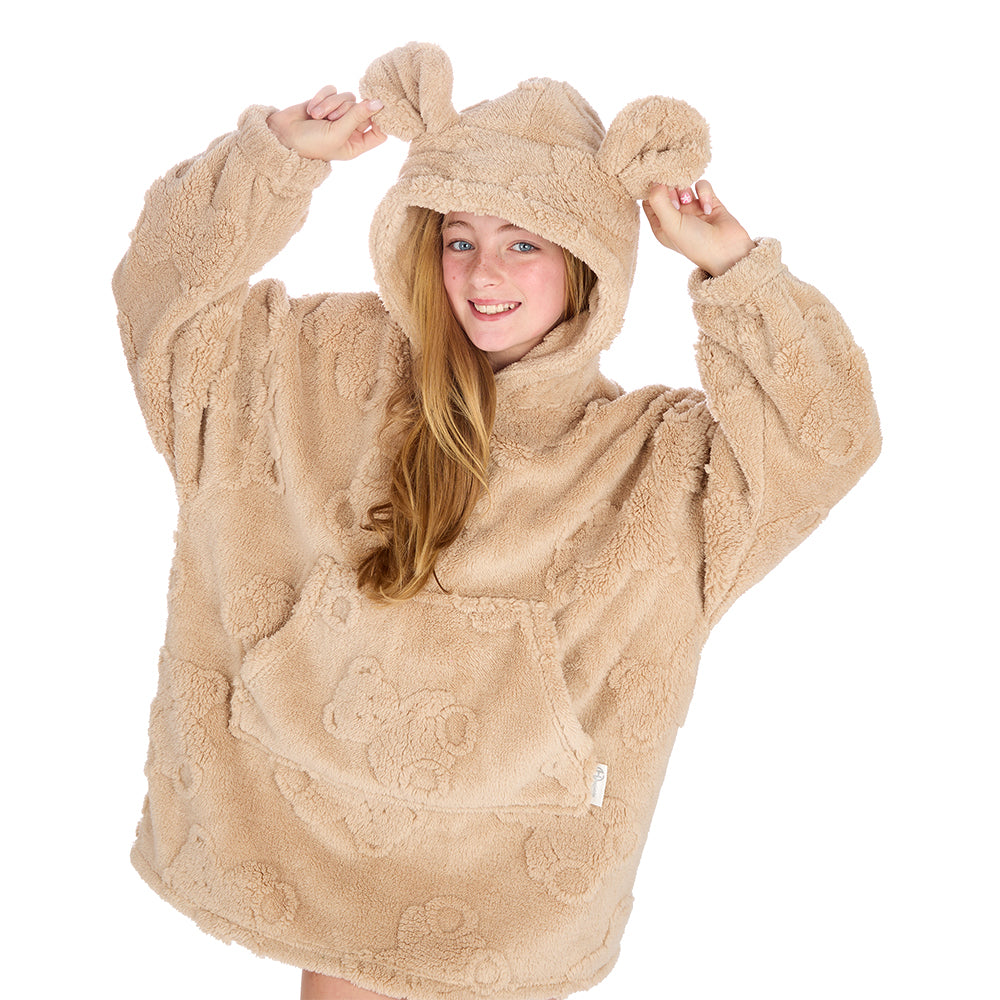 Girls Beige Teddy Bear Textured Blanket Hoodie