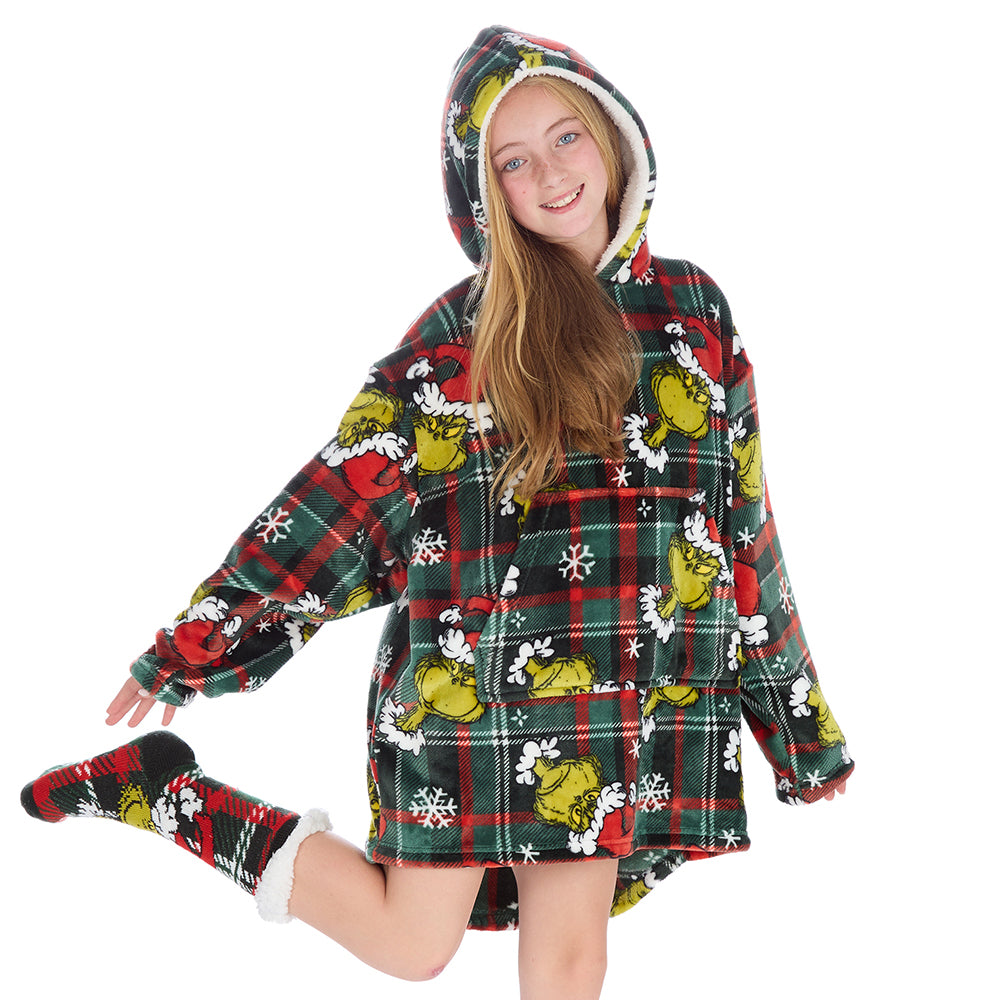 Girls Grinch Check Blanket Hoodie