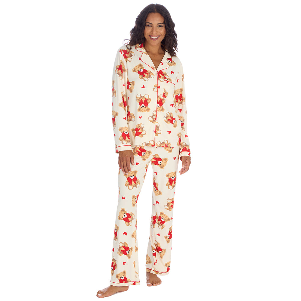 Ladies Teddy Print Traditional Pyjama Set
