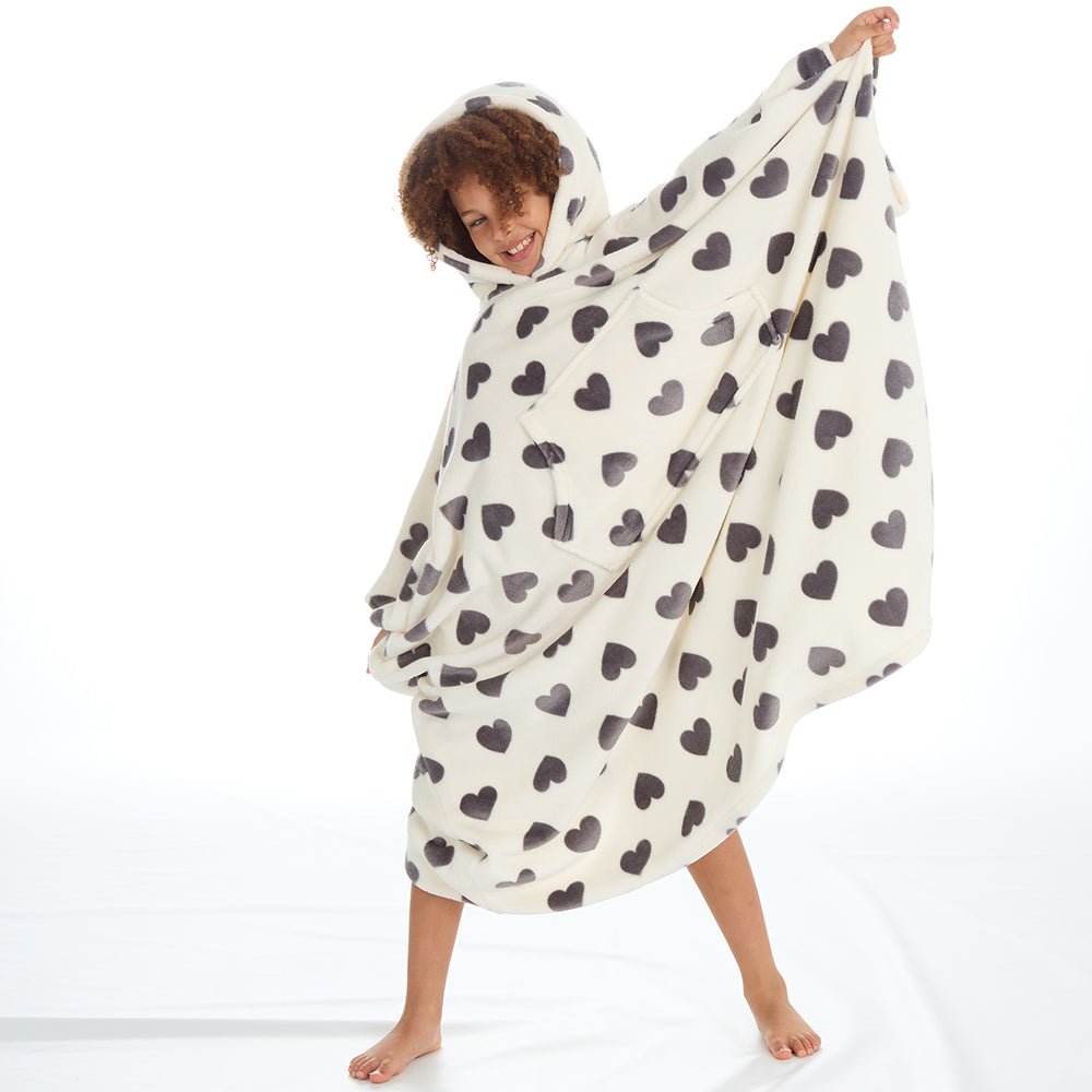 Girls Hearts Cream Poncho Hooded Blanket