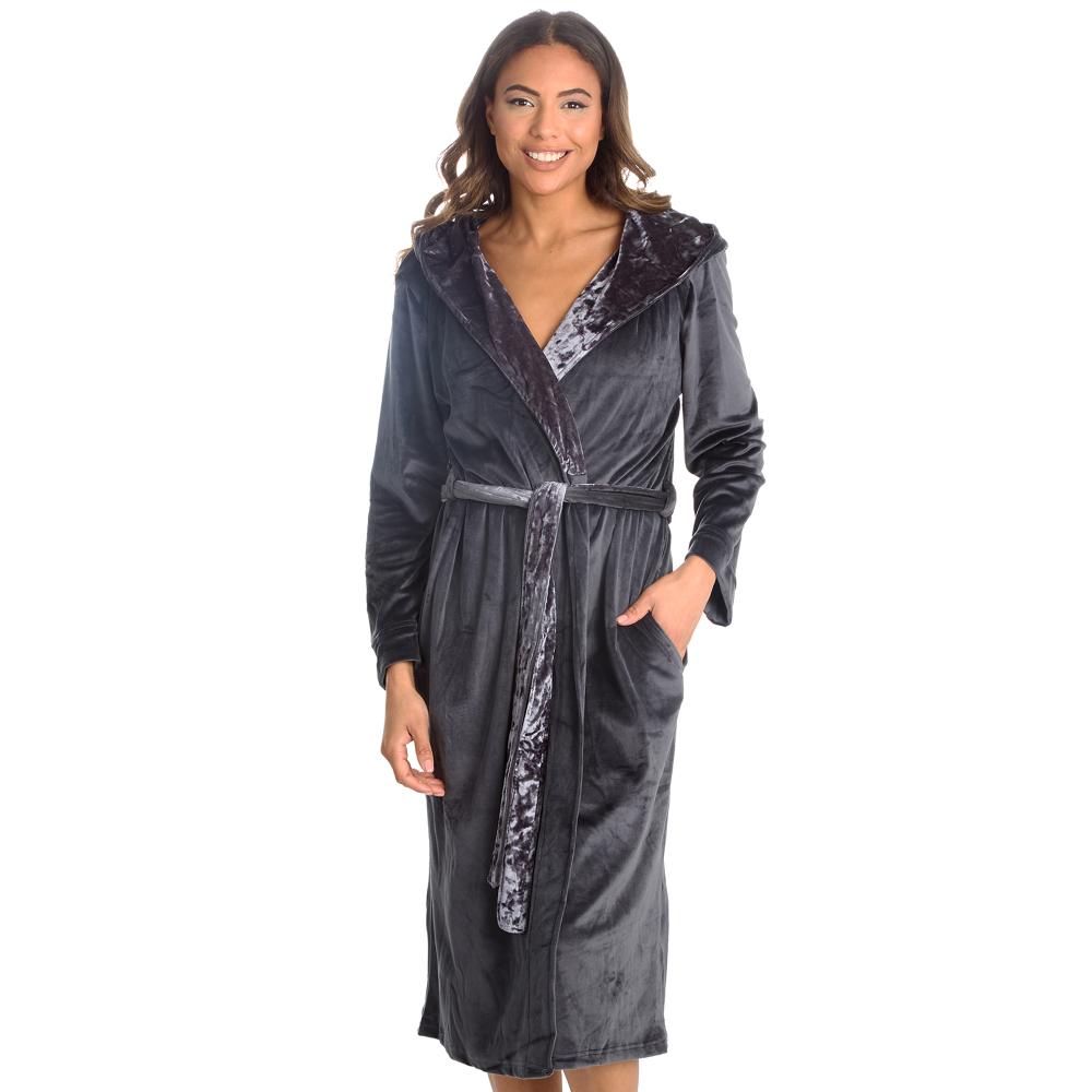 Ladies Luxury Velour Charcoal Dressing Gown 