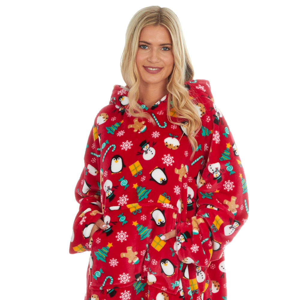 Ladies Red Christmas Print Blanket Hoodie